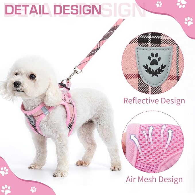 KOOLTAIL Dog Harness for Small Medium Dogs ,Dog Harness and Leash Set, Step in No Pull Soft Mesh Padded Adjustable and Reflective Pet Vest Harness Puppy, Plaid Extra Harness for XS S Dogs, Pink M - Image 4