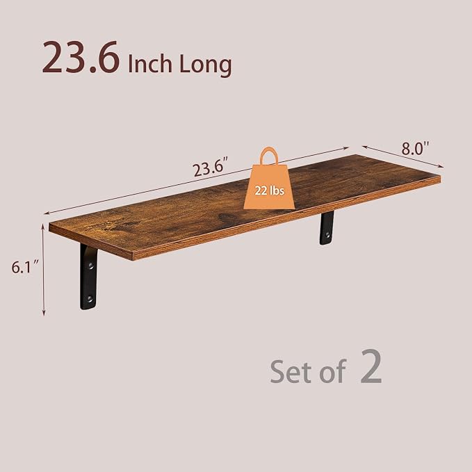Long Wall Shelves, 23.6Inch Wooden Wall Mounted Shelves, Set of 2 | Floating Book Shelf, Easy Assembly Metal Bracket, Max Load 22lbs, Wall Storage Ledges, Bedroom/Bathroom/Kitchen, Rustic Brown - Image 3