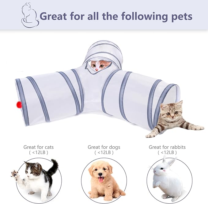Cat Tunnel, Collapsible Tube with 1 Play Ball Toys, 3 Ways Tunnels for Indoor Cats, Puppy, Kitty, Kitten, Rabbit (White and Gray) - Image 2