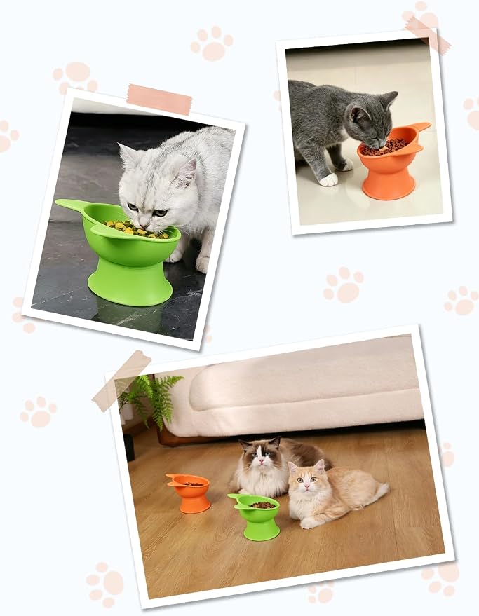 YINEYA Elevated Cat Bowls 2 Pcs, Cat Food Bowl to Protect Neck & Anti-Vomit, Whisker-Friendly Raised Food and Water Bowls Set for Indoor Cats/Small Dogs, Cute Pet Feeding Bowl 6 OZ Each, Orange&Green - Image 8