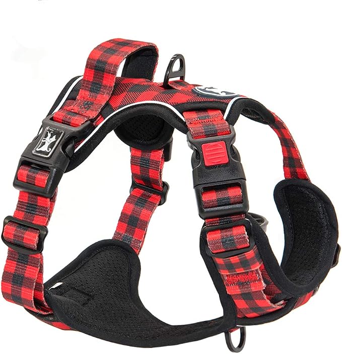 PoyPet Plaid Dog Harness Large, No Pull Vest with Front Clip & Neck Buckle | Padded Handle, Reflective, No Choke, Lockable, 2 Leash Rings, Full Adjustable, for Training Walking, L, Checkered Red - Image 2