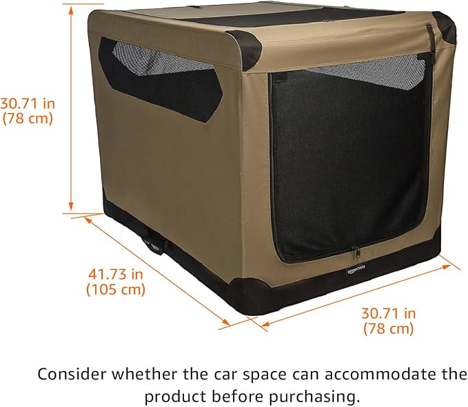 Amazon Basics Portable Folding Soft Dog Crate, Double Door, Collapsible Travel Kennel, Easy to Set Up, Sturdy, Secure, XL 42" x 31" x 31", Tan - Image 2