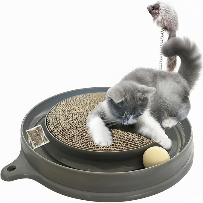AUOON Cat Scratcher Toy with Ball Track for Indoor Cats and Kittens, Gray | 3 in 1 Interactive Cat Toy, Cat Scratch Pad with Cat Ball Toy and Cat Mouse Toy, for Chasing Exercise, Protect Furniture by AUOON