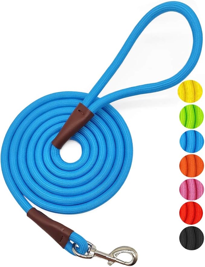 MayPaw 4/6/8/10FT Rope Dog Leash, 6 Classic Solid Colors Strong Nylon Leash | 1/2-Inch Thick Training Leash for Medium Larges Reinforced with Leather Tailor Connection Heavy Duty Silver Clasp (blue 10ft) by MayPaw