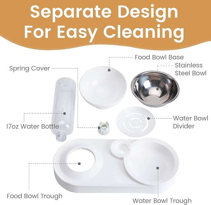 2 in 1 Elevated Dog Cat Bowls, 15°Tilted Pets Water and Food Bowl Set, Pet Feeding Bowls with Automatic Water Bottle and Feeding Mat for Kittens and Small Dogs, White - Image 3