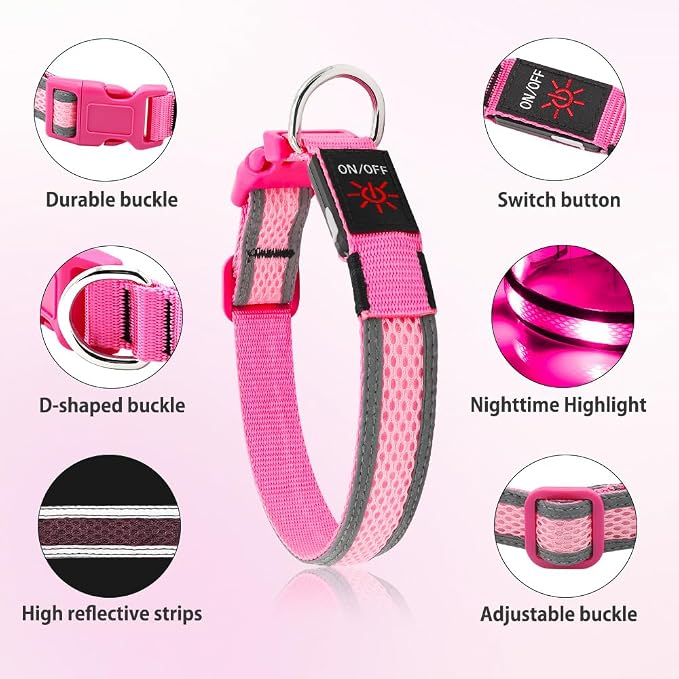 Illumifun Light Up Dog Collar - USB Rechargeable LED Dog Collar Glow in the Dark, High Visibility Glow Collar Light for Nighttime Walking (Medium, Light Pink) - Image 3