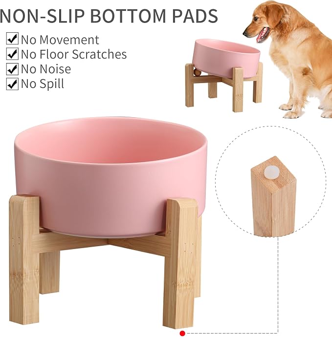Pink Elevated/Raised 15°Tilted Anti Slip Ceramic Dog Bowl for Medium & Large Breeds,Slanted Bulldog Big Face Pet Feeding Food Water Dish Stand for Dogs (7.6 Cups/60OZ) - Image 2