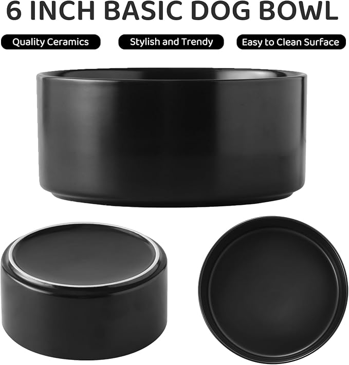 Raised Ceramic Dog Bowl Set - Elevated Dog Bowls with Non Slip Bamboo Stand, Food and Water Bowl Set for Small and Medium Breed Dogs, Pet Bowls, Weighted Dogs Dishes (6'', 2 * 30OZ, Black) - Image 2