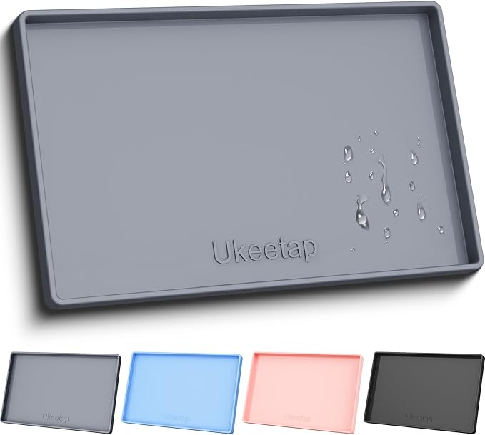 19" x 12" Extra Thick Silicone Mat Waterproof with Raised Edge, Gray | BPA-Free Non-Slip Dog & Cat Food Mat, Feeding Mat for Food and Water Bowls, Spill Proof Mat to Protect Floors by ukeetap