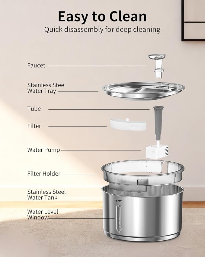 NPET Stainless Steel Cat Water Fountain, 1Gallon/135oz, Set | Automatic Pet Drinking Fountain, Dog Water Dispenser, 8 Replacement Filters, For Cats Indoor - Image 7