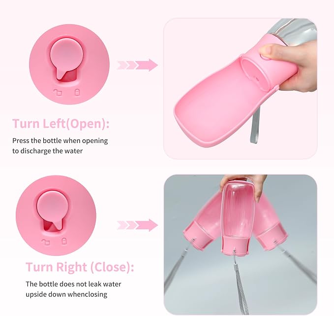 Portable Dog Water Bottle 10oz Pink | Foldable pet water dispenser, food grade plastic, ease to use for outdoor walking, hiking, travel - Image 4