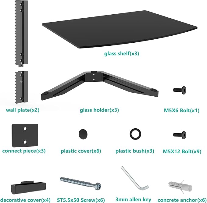 WALI Floating TV Shelf, 3 Tier Glass Projector Shelf for DVD Players, Routers, Game Consoles, Cable Boxes, Living Room Decor Accessories, Wall Mount Shelves Holds Up to 17.6lbs(CS303B), 3-Shelf, Black - Image 5