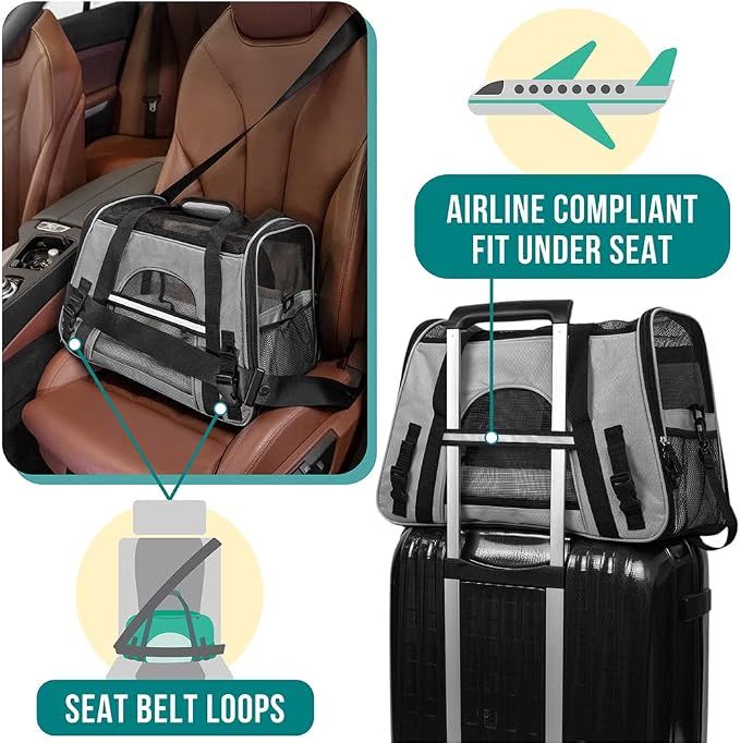 PetAmi Airline Approved Pet Carrier for Cats & Small Dogs, Large Light Gray | Soft Sided TSA Travel Bag, Sherpa Bed, Breathable Mesh Ventilation, Collapsible Bowl, Fits Under Seat, Up to 18 lbs - Image 6