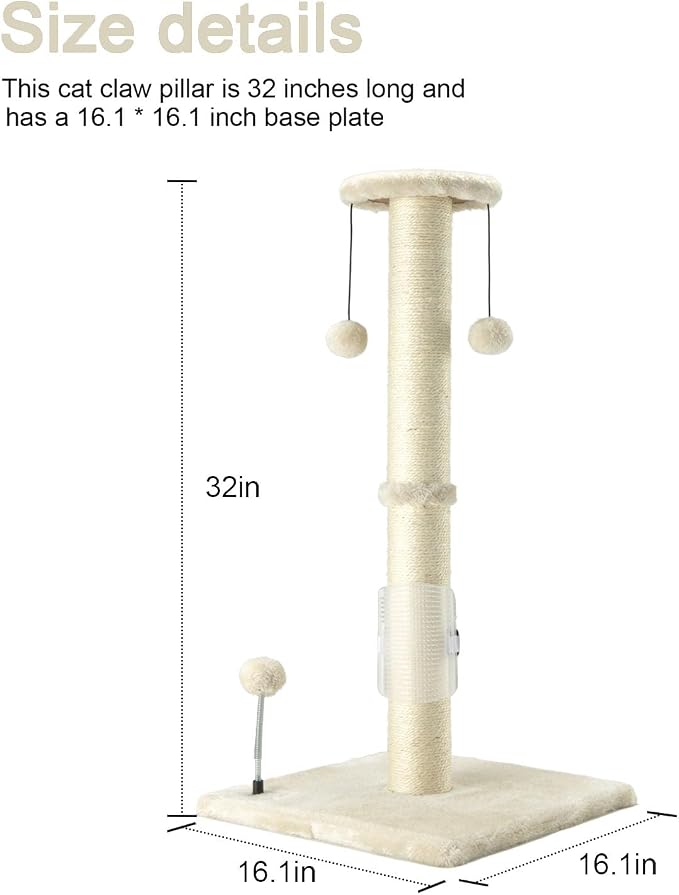 PEEKAB 32" Tall Cat Scratching Post Sisal Rope Scratch Posts with Hanging Ball and Self-Massage Brush Vertical Scratcher for Indoor Cats and Kittens(Beige 32inches) - Image 3