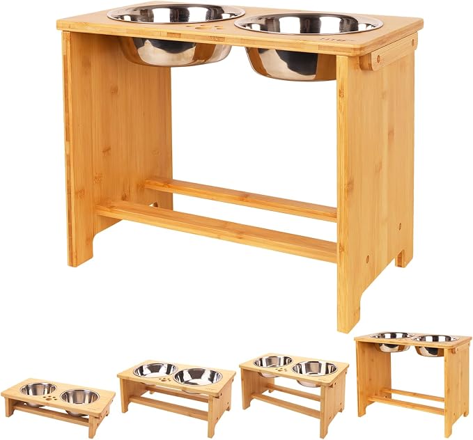 HTB Elevated Dog Bowl Stand with 2 Stainless Steel Bowls-14 H XLarge Bamboo | Raised Dog Bowl Stand, 14"tall, 48 Oz Bowls, for Large Sized Dogs, Pet-safe, Solid Bamboo by HTB