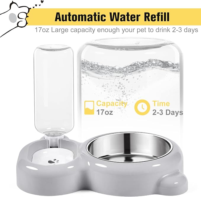 Dog Bowls, Cat Food and Water Bowl Set with Water Dispenser and Stainless Steel Bowl for Cats and Small Dogs - Grey - Image 2