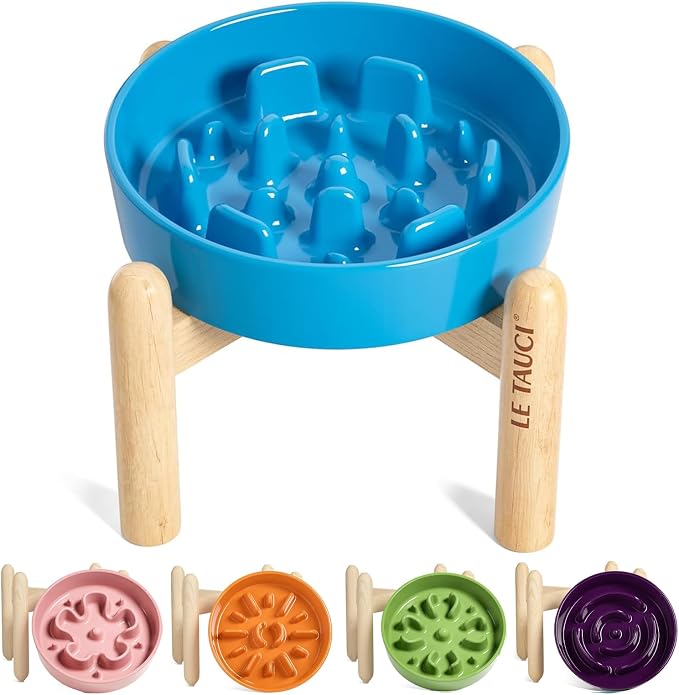 LE TAUCI Ceramic Slow Feed Dog Bowls, Elevated for Small Breeds, 6 inch, Blue, Non-slip by LETAUCI