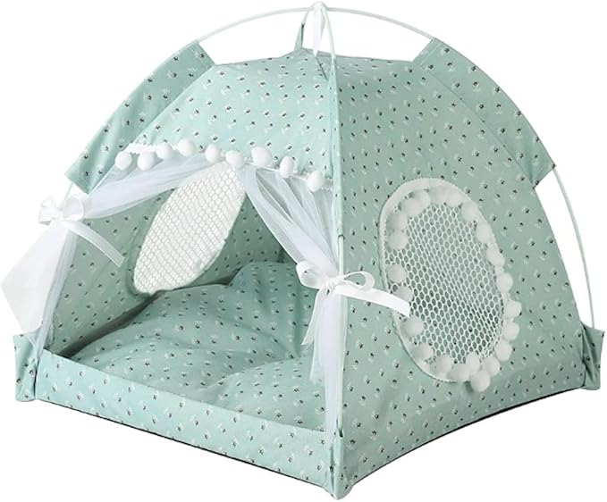 Cat Bed Tents Dog House Indoor Outdoor Lace Mesh Breathable Windows Door Curtains Removable Portable Nest Teepe House (Medium,Mint&White) - Image 2
