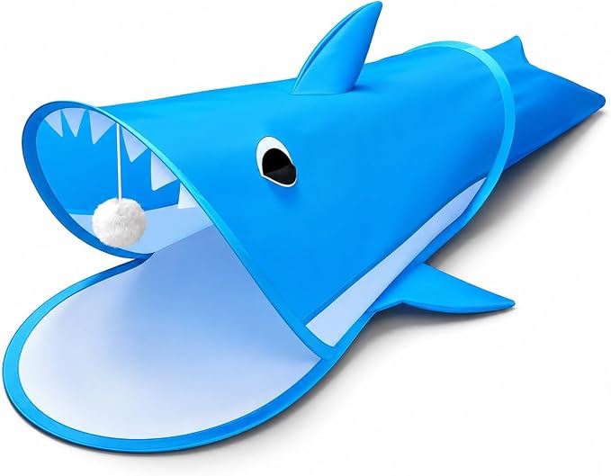 Blue Shark Cat Tunnel Toy, Collapsible Pop-Up Cat Play Tunnel with Interactive Hanging Ball & Storage Bag, Durable Polyester Interactive Cat Toy for Indoor Cats, Kittens - Image 7