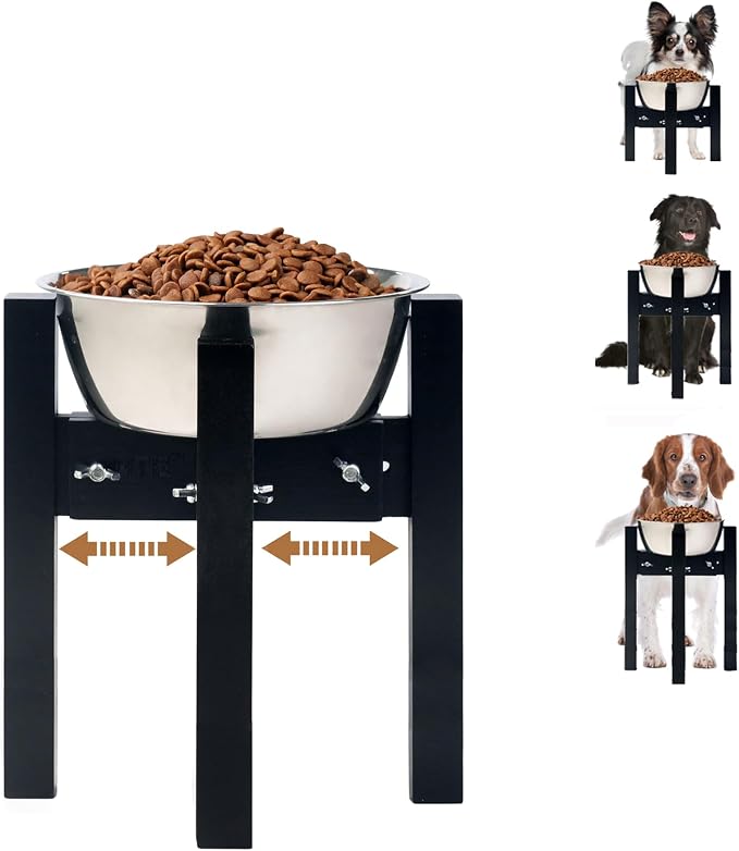 Elevated Dog Bowl Stand Adjustable Dog Food Holder 10”H Medium Black | 10” Elevated Dog Bowl Stand, Medium Dogs, Adjustable, Fits 7”-10” Bowls, Single Bowl Holder, Natural Bamboo, Classic Black by HTB