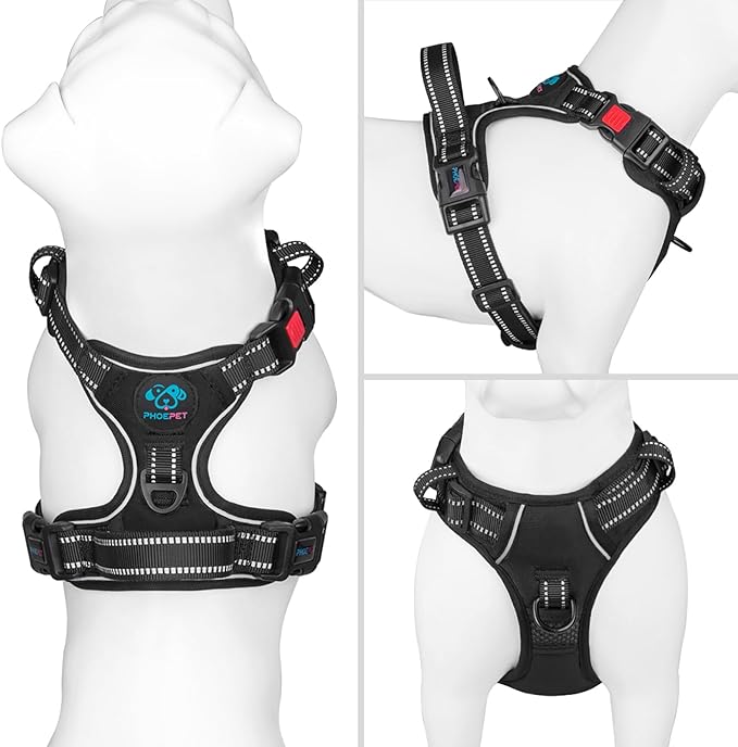 Reflective Dog Harness Large Breed Adjustable No Pull Vest | with Handle 2 Metal Rings 3 Buckles [Easy to Put on & Take off](L, Black) - Image 2