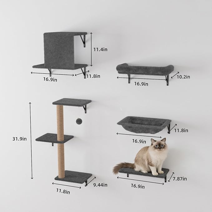Cat Wall Shelves 5-Piece Set,Cat Walls Furniture for Indoor Large Cats Includes Bed, Cave, Scratching Post, Hammock, Space Saving Floating Shelves (Dark Gray) - Image 5