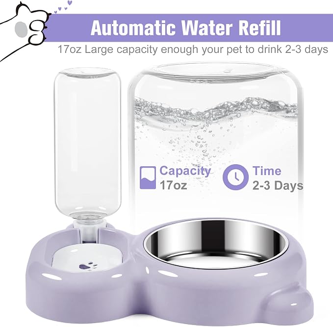 Dog Bowls, Cat Food and Water Bowl Set with Water Dispenser and Stainless Steel Bowl for Cats and Small Dogs - Purple - Image 2