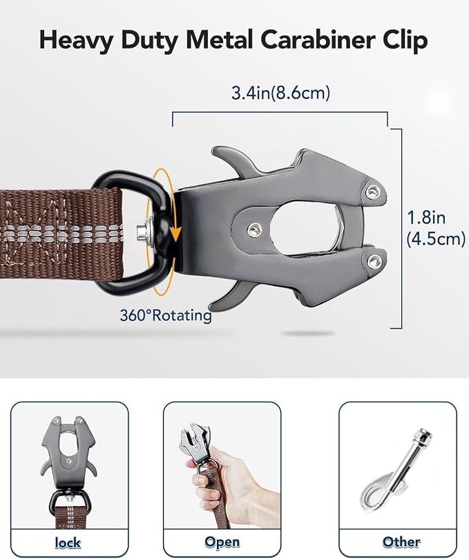 Joytale Tactical Bungee Dog Leash, Shock Absorbing No Pull, Brown | for Large Dogs That Pull, 2 Padded Handles for Control, Car Seatbelt Clip, Reflective for Night Safety, Metal Frog Clip - Image 2