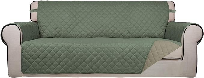 PureFit Reversible Quilted Couch Covers for Dogs Oversized Sofa Cover 78” | Greyish Green/Beige, Water Resistant Couch Protector, Washable Pet Couch Cover with Non Slip and Elastic Straps For Kids by PureFit
