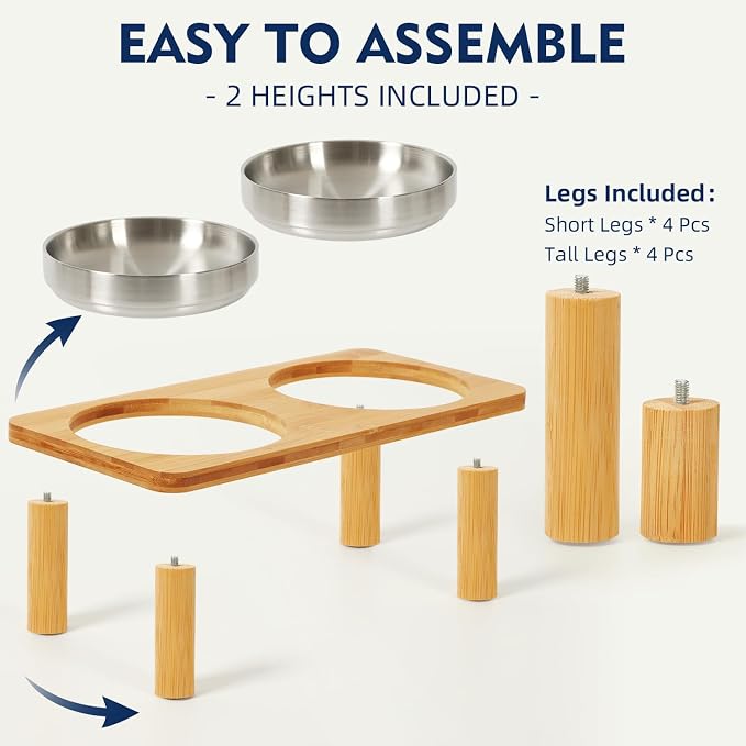 DoogCat Raised Cat Bowls, Bamboo Stand with 2 Stainless Steel Bowls | Adjustable Height, Whisker-Friendly Design, Food & Water Set, Stable Construction, Easy to Clean - Image 6