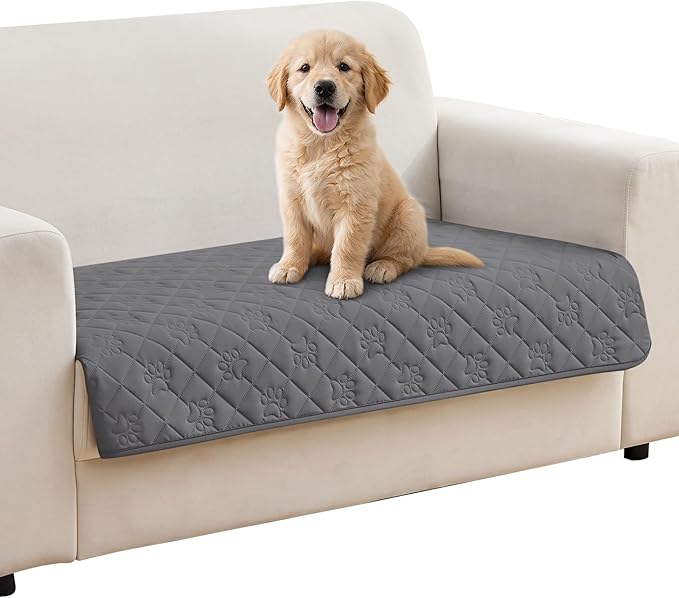 PAWFINITY Waterproof Loveseat Covers for Dogs, Pet Blanket for Couch | Paw Print Quilted, Hair Resistant, Anti Cat Scratch, Washable Protector for 2 Seat Sofa & Chair Cushion, 30x53 Inch, Grey by Pawfinity