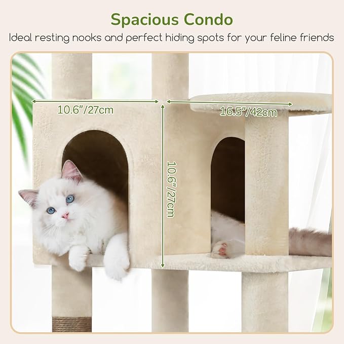 Globlazer Extra Large Platform Cat Tree, 65in Tall Sturdy Cat Tree for Indoor Cats Large Adult, Big Cat Tower for Big Cats with 3 Enlarged Perches, 6 Scratching Posts, Cat Condo, Hammock, S65, Beige - Image 4