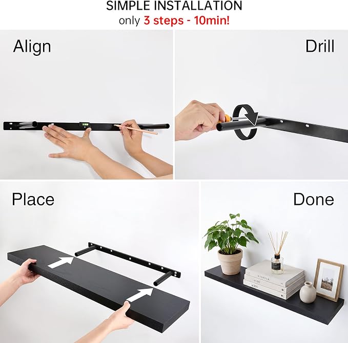 BAYKA Black Floating Shelves 35.4in, Set of 3, Wall Mounted for Wall Decor | Easy Install, 30lbs Max Load, Hidden Bracket, Shelving for Bathroom Bedroom Kitchen Display Storage, Multi-Wall Compatible - Image 8