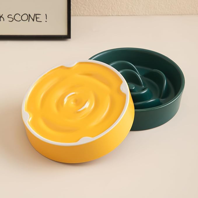 6'' Ceramic Slow Feeder Dog Bowls - Petal Shape Modern Dog Food Dish for Cats and Small Breed Dogs, Puzzle Maze Bowl to Slow Down Eating, Anti-Gulping, Dishwasher & Microwave Safe, Yellow - Image 8