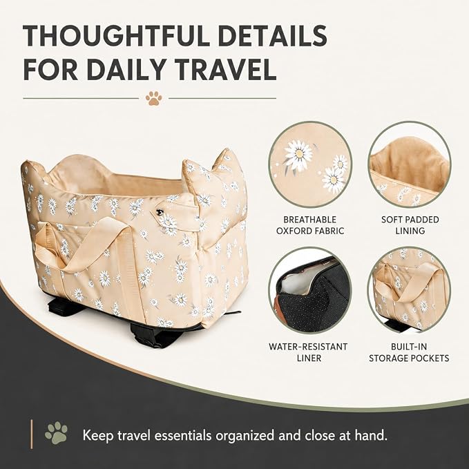 Center Console Dog Car Seat Safe Travel for Small Dogs Under 15 lbs | Detachable Washable Pet Carrier with Storage Pockets & Safety Leash,Apricot - Image 5