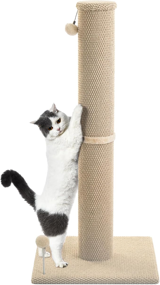 Cat Craft 41" Cat Scratching Post, Beige | Short Plush Fabric, Stable Wide Base, Replaceable Hanging Ball, Full Stretch Design by CatCraft