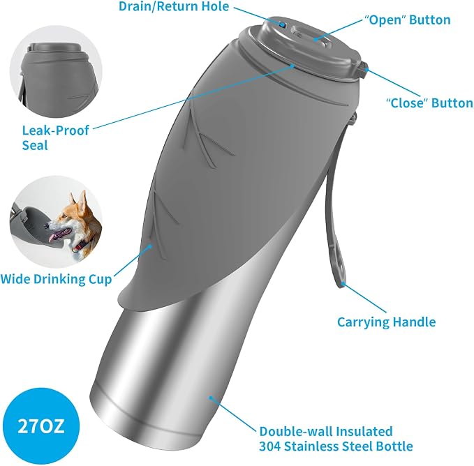URPOWER Insulated Dog Water Bottle, 27 oz Leakproof Travel Bottle | Cool Water for Hours, 304 Stainless Steel, One-Hand Use, Wide Silicone Bowl, BPA-Free, Less Water Waste, For Walking, Hiking - Image 7