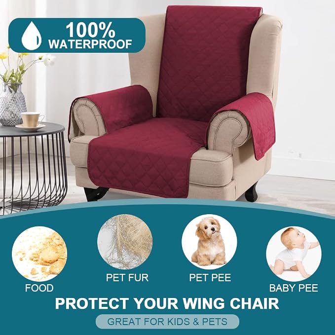 Turquoize 100% Waterproof Wing Chair Cover Wing Armchair Slipcovers Chair Couch Protector Triple Non-Slip Sofa Slipcover for Wing Chair Furniture Protector for Pets, Kids,Dog (Wing Chair, Burgundy) - Image 2