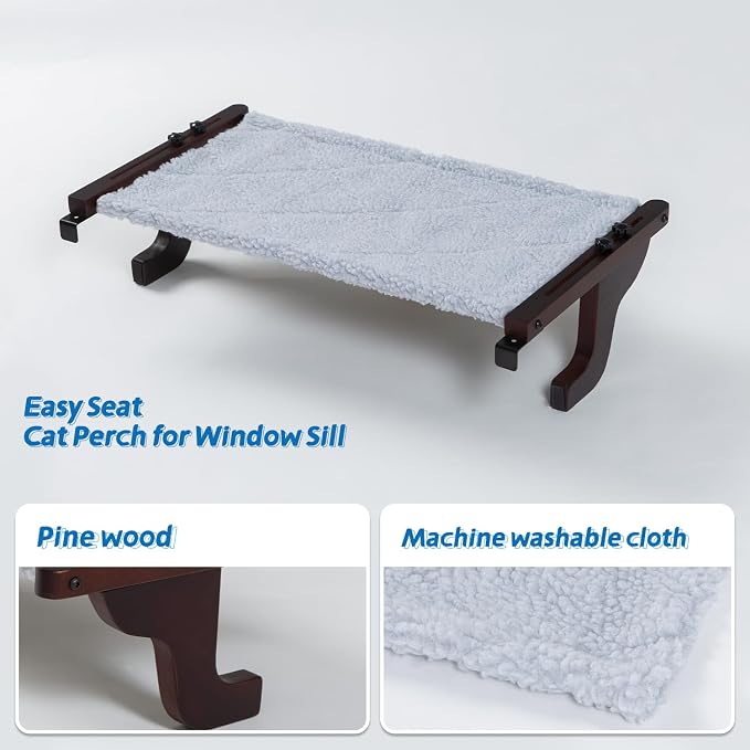 Zakkart Easy Seat Cat Perch for Window Sill - Hammock Design w/Premium Wood & Robust Metal Frame - Cat Window Seat for Large Cats and Kittens (Dark Stained Wood w/Gray Bed, Large (26''W x 14''D)) - Image 6