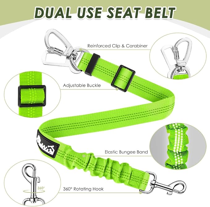 Lukovee Dog Car Harness Seat Belt, Harness & Seatbelt with 2 in 1 Buckle | Adjustable Soft Breathable Mesh Harness, Reflective Elastic Reflective Tether, for Small Medium Large Dogs Pets (Green, S) - Image 7