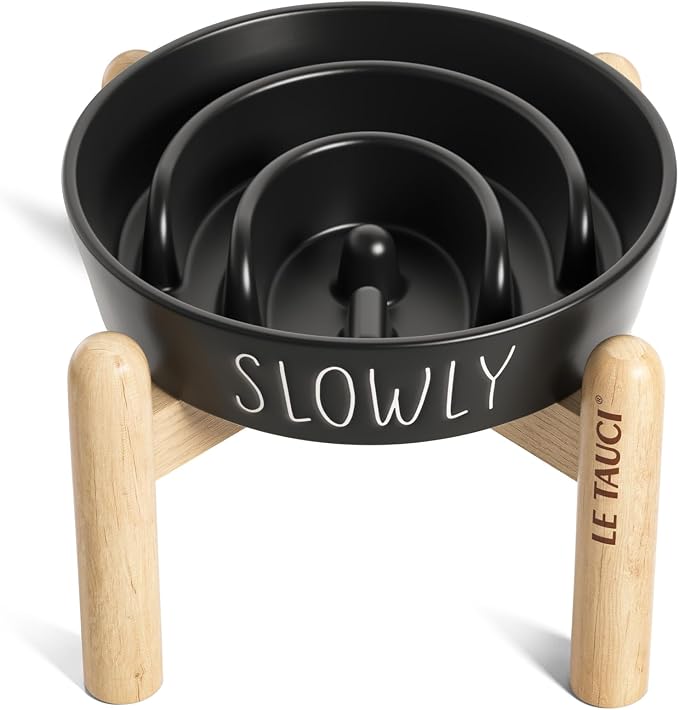 LE TAUCI PET Ceramic Slow Feeder Dog Bowls Elevated, 0.6 Cups Raised Dog Bowl with Wooden Stand for Small Breed to Slow Down Eating, Puzzle Food Bowl,Black by LETAUCIPET