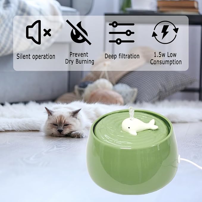 Ceramic Cat Water Fountain, 45oz/1.3L Green Pet Water Dispenser | Automatic Pet Water Bowl, Ultra Quiet Cat Water Fountain with Activated Carbon Filter, Perfect for Cats and Small Dog - Image 5