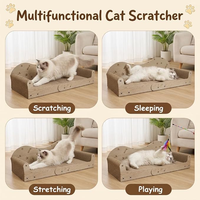 Cat Scratcher Bed,26 Inch Sofa-Shaped Cat Scratcher Couch, Large Luxury Durable Cardboard Sofa Scratcher Pad Furniture Protector for Indoor Cats Scrach,Rest and Play,Beige - Image 4