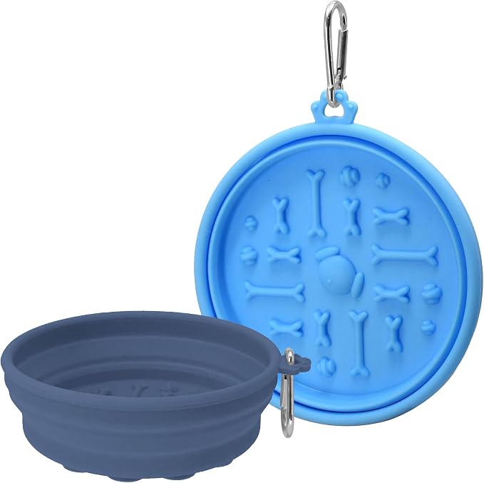 2-Pack Collapsible Dog Bowls with Suction Cups & Scraper - 16oz Travel Pet Bowls for Food/Water, Non-Slip Feeding Dish for Dogs, Includes Carabiner Clip Blue&Grey by PawSailor