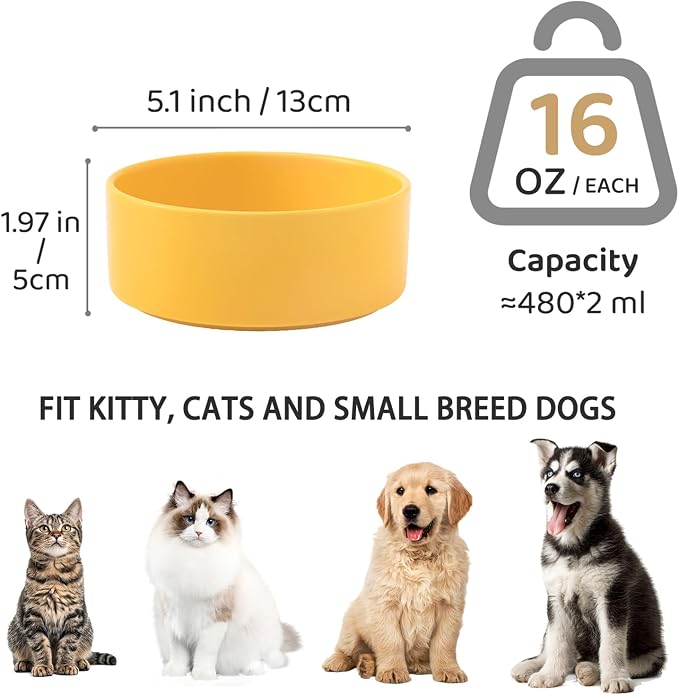 Ceramic Set of 2 Dog and Cat Bowls - Classic Food & Water Bowl for Kitty, Cats and Toy Breed Dogs, Dog Dishes, Food Grade Pet Bowl, Dishwasher & Microwave Safe (5.1'', 2 * 16OZ, Yellow) - Image 3