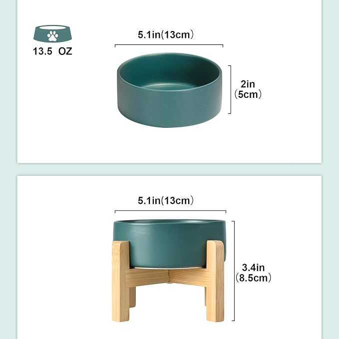 SPUNKYJUNKY Ceramic Elevated Dog Bowls 2 Pack - 5.1inch Raised Dog Bowls with Non-Slip Wooden Stand for Small Dogs Dishwasher Safe(Green,13.5OZ*2) - Image 2