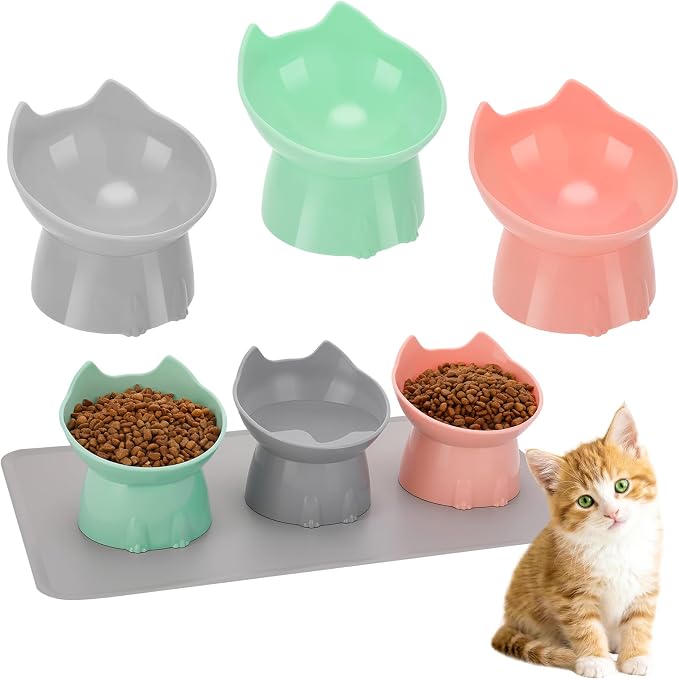 3 Pcs Elevated Cat Bowls 15°Raised Cat Food Bowl with Silicone Mat Pink | Whisker Friendly Anti Vomiting Cats Dishes Pet Food and Water Bowls for Indoor Cats Kittens - Image 9