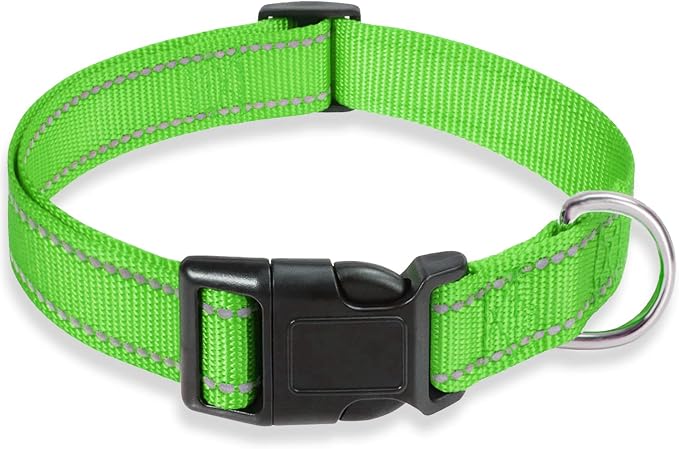 Reflective Dog Collar, Puppy Collar with Buckle Adjustable, Grass Green XS | Breathable Nylon Collars for Small Medium Large Dogs, No Chafing on Walks and Outdoor Hikes, Metal D-Ring, Night Safety by BOOMIBOO