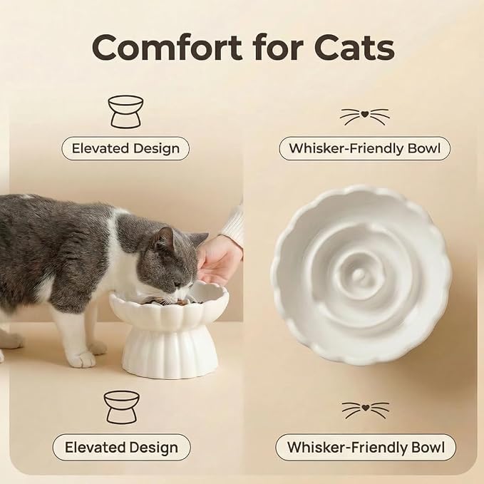 Ceramic Cat Slow Feeder, Raised Slow Feeder Cat Bowl, Anti Vomiting and Whisker Friendly Kitty Dish, Elevated Puppy Kitten Food Bowl for Dry and Wet Food (White) - Image 6