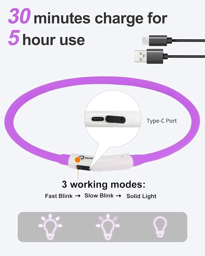 Joytale Light Up Dog Collar, LED Silicone Cut-to-Fit Rainproof, Purple | Soft Skin-Friendly Won't Chafe, 360° Glow Keeps Dogs Visible at Night, 3 Modes, Rechargeable USB-C, Small Medium Large Dogs - Image 4